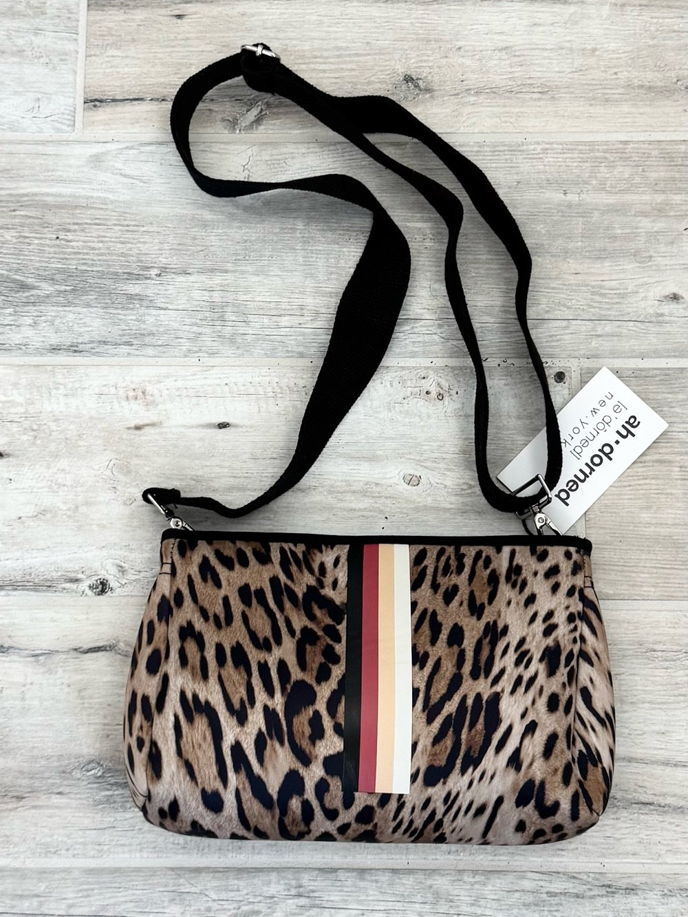Ahdorned Neoprene Stripe Leopard Print Crossbody Clutch Bag